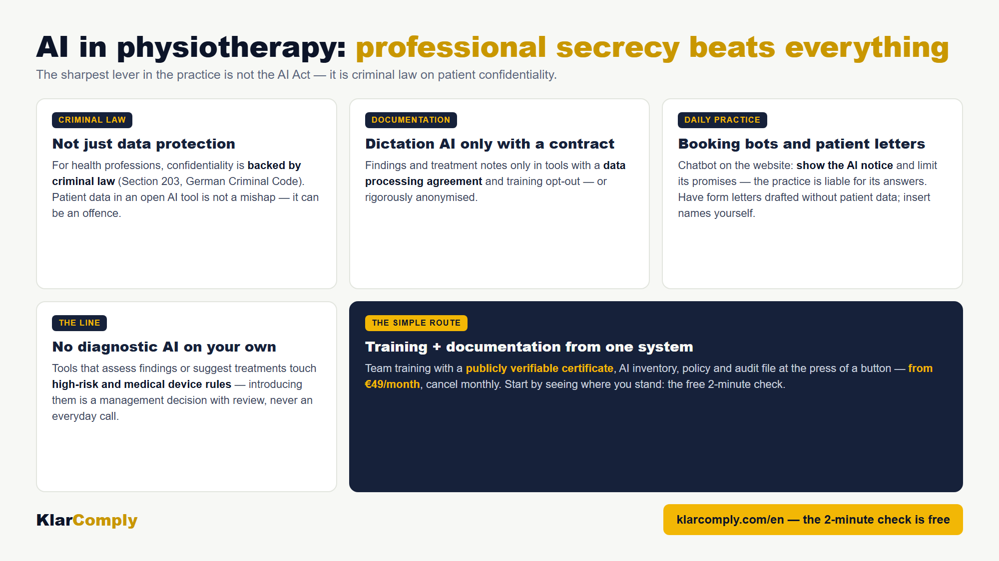 Infographic: AI in physiotherapy: professional secrecy beats everything — The sharpest lever in the practice is not the AI Act — it is criminal law on patient confidentiality.