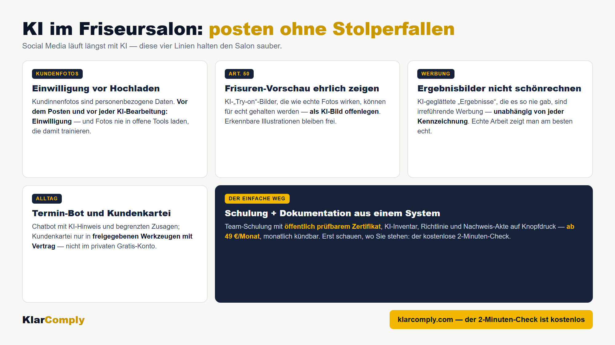 Infografik: KI im Friseursalon: posten ohne Stolperfallen — Social Media läuft längst mit KI — diese vier Linien halten den Salon sauber.